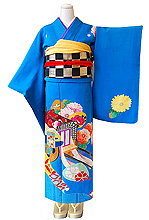 貝合わせに御所車空色中振袖