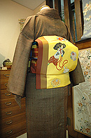 茶ざざんざ織単衣に黄色地絽刺し黄八切継ぎ名古屋帯