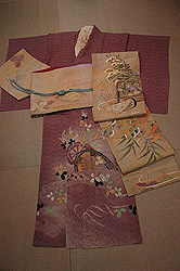 水車と萩紋錦紗単衣に刺繍丸帯