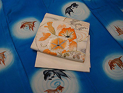 琉金の図絽小紋に朝顔に波千鳥刺繍紋紗開き名古屋帯