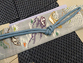 市松絣越後上布に礒浜に塩汲みの図　帷子江戸裂名古屋帯