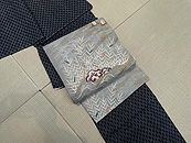 市松絣越後上布に礒浜に塩汲みの図　帷子江戸裂名古屋帯