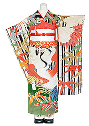 竹林に飛翔鶴ストライプ文振袖