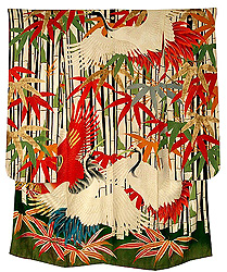 竹林に飛翔鶴ストライプ文振袖