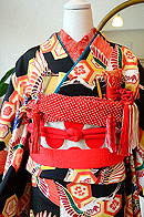 飛翔鶴亀甲宝尽くしの図黒振袖