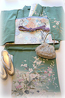 桜草に桔梗文様緑地単衣