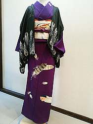 紫に羽根ちらし訪問着に孔雀のショール