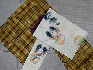 辛子格子紬、狆に手鞠の図染名古屋帯