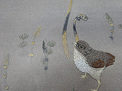雛鳥に土筆蕨の刺繍名古屋帯