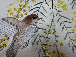 ミモザと小鳥刺繍帯