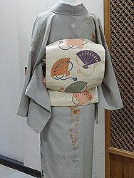 藤と杜若訪問着に波紋に檜扇袋帯