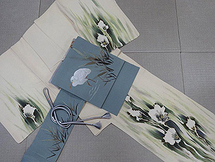 水芭蕉の付下に白鷺の図名古屋帯