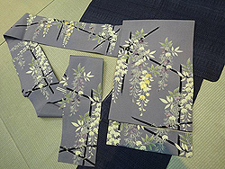 紫色段織紬単衣着物に藤棚の刺繍名古屋帯