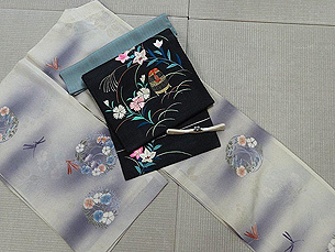 蜻蛉に秋草花紋単衣に秋草に虫籠の図絽名古屋帯