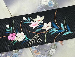 蜻蛉に秋草花紋単衣に秋草に虫籠の図絽名古屋帯