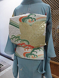 帆船とカモメ紗一つ紋訪問着に波頭に楓文様絽袋帯