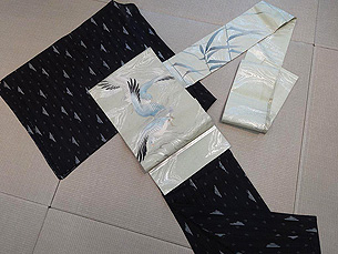 明石縮着物にカモメの刺繍夏名古屋帯