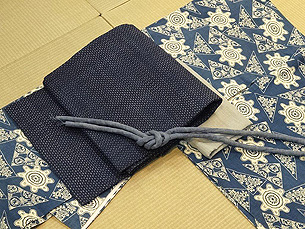 藍型染め綿単衣に越後上布名古屋帯