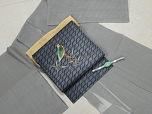 格子夏お召しに黒地カワセミの帯