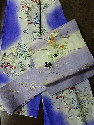 紫暈しに花と虫籠の小紋に野菊にトンボ刺繍名古屋帯