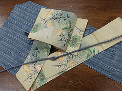 縞に横段つなぎ小千谷縮に風鈴の染絽名古屋帯