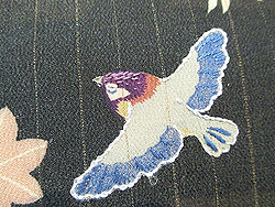 縮緬地小鳥と木の葉染名古屋帯