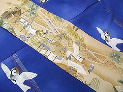 ブルー地群れ雀の小紋に稲の刈入れ風景染名古屋帯