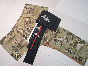 竹に扇面お散歩着に黒地雪に雀刺繍名古屋帯