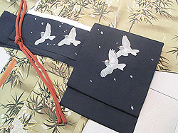 竹に扇面お散歩着に黒地雪に雀刺繍名古屋帯