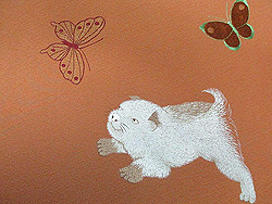 子犬の刺繍名古屋帯