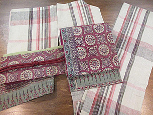 格子柄紬と緑に丸紋のインド更紗名古屋帯