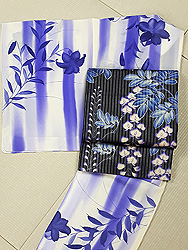 紫引き染め暈し百合の小紋に縦絽藤の染め名古屋帯