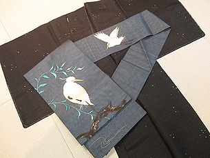 明石縮の小紋に白鷺の刺繍名古屋帯