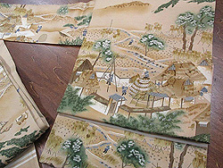 稲の刈入れ風景染名古屋帯