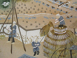 稲の刈入れ風景染名古屋帯