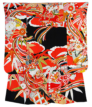 雲取りに檜扇吉祥紋尽くし黒振袖