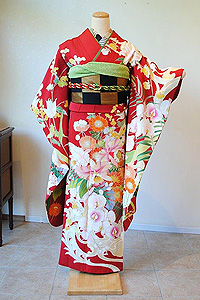 蘭に洋花尽くし文様赤振袖