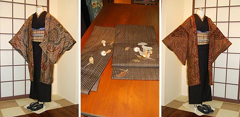 久米島紬に縮緬きのこアップリケに落葉刺繍帯
