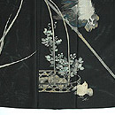 雄鶏にひよこ花籠文様絽縮緬黒留袖　上前