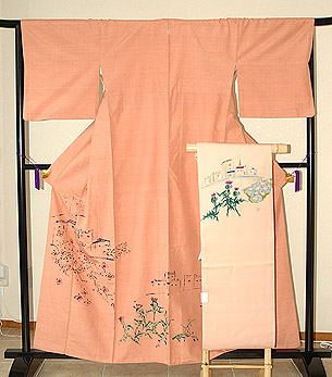 花の風景柄紅花染付下