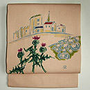 花の風景柄紅花染付下 帯 お太鼓