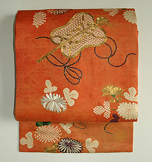 紅綸子江戸裂名古屋帯