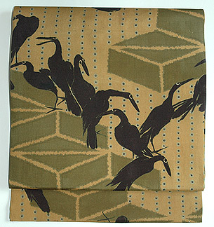 カラス柄染め名古屋帯