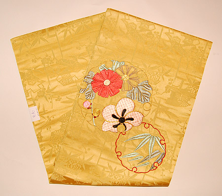 黄色緞子地刺繍名古屋帯 - アンティーク着物の灯屋2