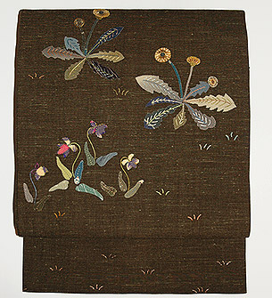 たんぽぽとすみれ模様コラージュ名古屋帯