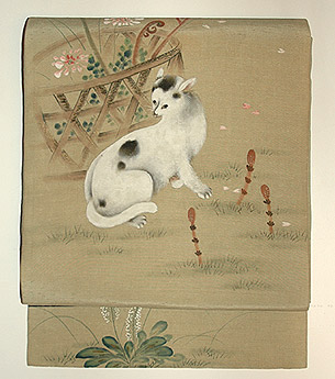 花籠に猫柄染名古屋帯