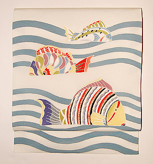 波に魚友禅名古屋帯