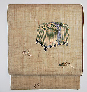 飛蝗と虫籠刺繍麻名古屋帯