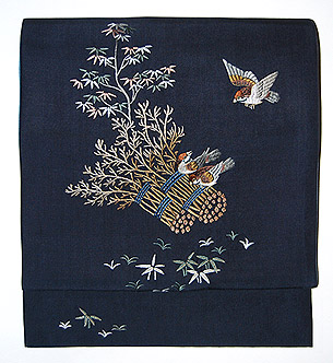 束ね木に雀刺繍名古屋帯