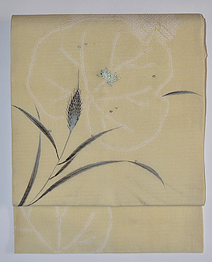 稲穂に蛙の刺繍の図名古屋帯
